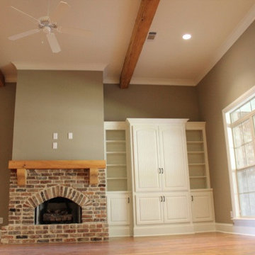 Rustic Beam Fireplace, Spacious Living with Built-Ins