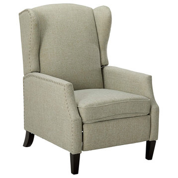 Contemporary Recliner, Pushback Design With Wingback and Nailhead, Taupe