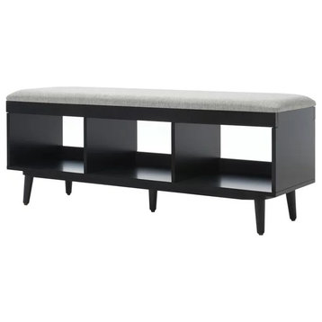 Retro Modern Storage Bench, 3 Open Compartments & Cushioned Seat, Grey/Black