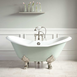 61" ARABELLA CAST IRON DOUBLE-SLIPPER TUB - 7" RIM HOLES- LION PAW FEET - SAGE G - Bathtubs