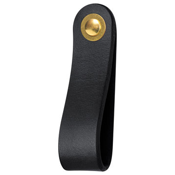 Leather Drawer Pull, The Hawthorne, Black, Wide, Brass