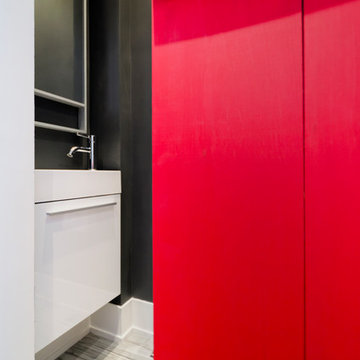Efficient Powder Room with Red Barn Door