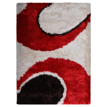 Hand Tufted Shag Polyester Area Rug Contemporary Red Ivory, [Rectangle] 8'x10'