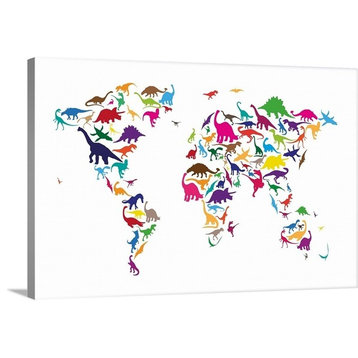 World Map Dinosaurs, Multicolor Wrapped Canvas Art Print, 18"x12"x1.5"