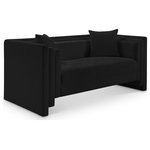 Meridian Furniture - Everett Upholstered Loveseat, Black, Chenille Fabric - Make this Everett black chenille fabric loveseat the center of a cozy reading nook. Handsome from every angle, this posh loveseat is plumply appointed to put supreme comfort within easy reach. Soft black chenille upholstery fabric adds to its lavish feel while a staggered design gives it a modern edge. An included pillow gives it a beckoning vibe while the loveseat's solid wood inner frame makes it a lasting addition in any room.