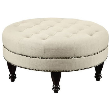 Coaster Traditional Fabric Upholstered Tufted Round Ottoman in Beige