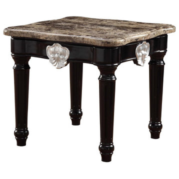 Traditional End Table, Wooden Frame & Elegant Scalloped Marble Top, Black/Brown