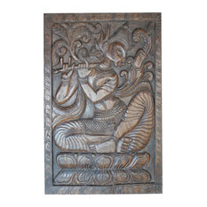 Consigned Joyful Vintage Hand Carved Fluting Krishna Carving Wall Sculpture Zen