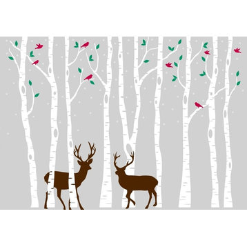 Birch Tree Wall Decal Forest With Snow Birds and Deer Vinyl Sticker Removable