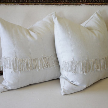 Pair of off White African Mudcloth Pillows with Original Fringe Accents
