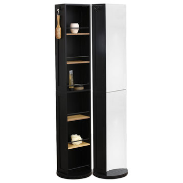 Swivel Storage Tower Cabinet Organizer Linen Full Length Mirror 6 ShelvES, Black and Bamboo