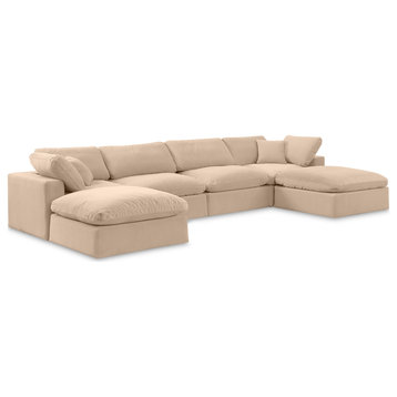Comfy Upholstered U-Shaped Modular Sectional, Beige, 6-Piece: 2 Armless Chair, 2 Corner Chair, 2 Ottoman, Velvet
