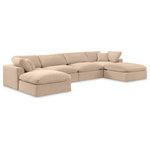 Meridian Furniture - Comfy Upholstered U-Shaped Modular Sectional, Beige, 6-Piece: 2 Armless Chair, 2 Corner Chair, 2 Ottoman, Velvet - Give your space a whole new look with this beige Comfy velvet sectional. This handsome sectional fits nicely with other items in the Comfy collection and is a versatile seating option designed for adaptability, comfort and style. Wrapped in rich beige durable velvet upholstery, this sectional offers a plush embrace of overstuffed down feather cushions, carefully crafted to deliver the highest level of comfort. The perfect seat for creating an oasis for relaxation, this sectional has thick foam surrounding its frame for added support and coziness.