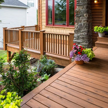 Rustic Entryway, Walkway and Back Decks with Trex Decking and Cedar Railing