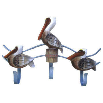 Coastal Whitewashed Pelicans Wooden and Metal Triple Hook Wall Decor