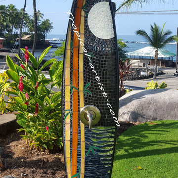 outdoor shower, surfboard shower mosaic,
