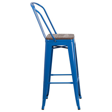 30" High Blue Metal Barstool With Back and Wood Seat