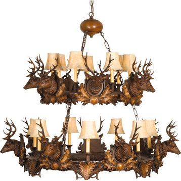 14 Small Stag Head 2 Tier Chandelier, 77"x45"x44"