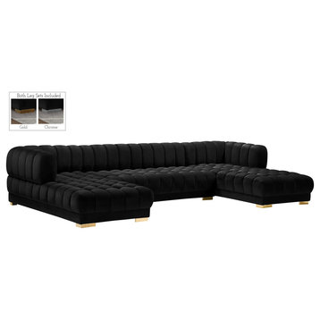 Gwen Biscuit Tufted Velvet Upholstered 3 Piece Sectional, Black