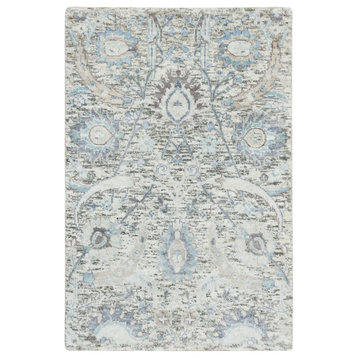 Ivory Sickle Leaf Design Silk & Textured Wool Hand Knotted Rug, 2'x3'1"