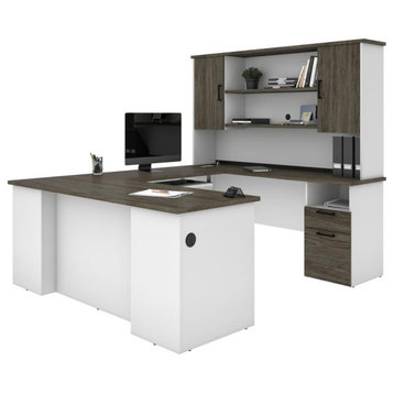 Bestar Norma Norma U-shaped workstation with hutch - Walnut Grey & White
