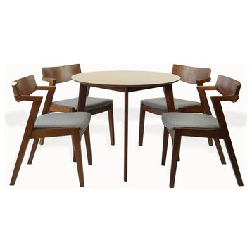 5-Piece Wooden Dining Set, Medium Brown, Tracy Armchairs