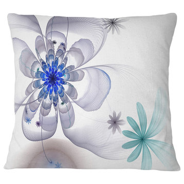 Blue and Gray Symmetrical Fractal Flower Floral Throw Pillow, 16"x16"