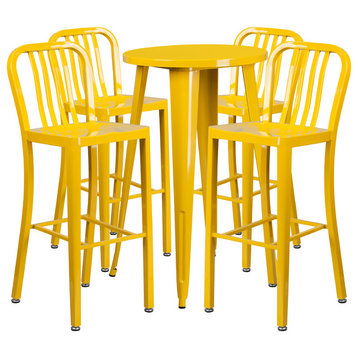Flash Commercial 24" Round Yellow Metal Bar Table Set & 4 Vertical Slat Stools