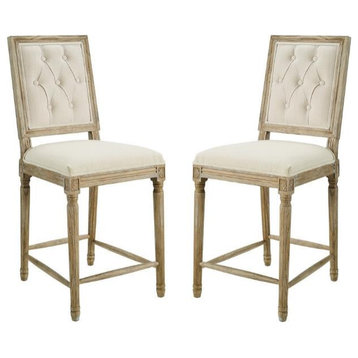 Home Square 2 Piece Tufted Square Back Wood Counter Stool Set in Natural Beige