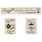 Trendy Decor4U - "Kitchen Friendship Collection III" 3-Piece Vignette, White Frame - Kitchen Friendship Collection III, a 3 piece grouping of kitchen d cor framed art by the designers at Trendy Decor 4U, (1) 32 x 7 "Kitchen is the Heart of the Home, plus 2 (10 x 14) "Tea Time" and "The Daily Grind", all in matching white frames. The surface of the prints is textured with a fade resistant coating so no glass is necessary. Arrives ready to hang. Made in the USA by skilled American workers.