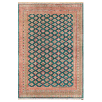 Southwestern Bokhara Tressie Green Pink Hand Knotted Rug - 10'8'' x 14'1''