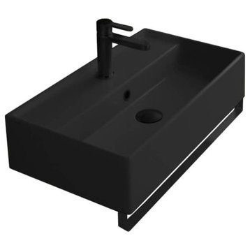 Matte Black Ceramic Wall Mounted Sink With Matte Black Towel Bar, One Hole