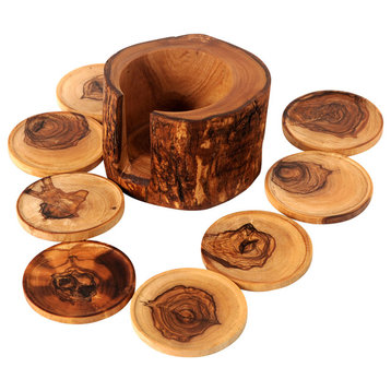 Handmade Olive Wood Rustic Holder and Coasters, Set of 8