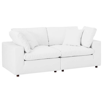 Commix Down Filled Overstuffed Vegan Leather Loveseat, White