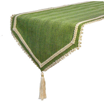 Table Runner Green Jute 16"x120" Chevron Weave, Lace & Tassels - Harmony In Hemp