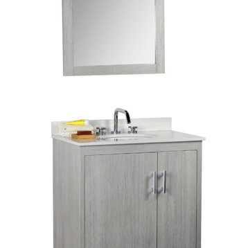 31" Single Vanity, Gray Pine Finish Top With White Quartz and Oval Sink