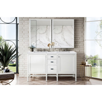 60" Transitional Glossy White Double Sink Bathroom Vanity, James Martin