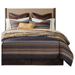 Paseo Road by HiEnd Accents - Estes Chenille Comforter Set, 3 Piece, Blue, Queen - Settle into Estes, where deep blue skies fade into a golden sunset amidst lush mountaintops. Yarn-dyed in cool earth tones, Estes rich chenille jacquard renders flowing natural patterns alongside variegated horizontal stripes. Chocolate faux leather detailing adds both sophistication and structure to the bedding set. To complete the ensemble, layer on Estes' coordination accessories, as well as our leather pillows and faux fur throws.