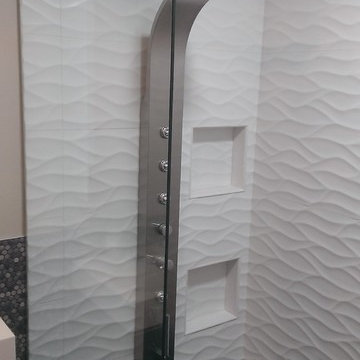 MASTER BATHROOM - Large Wave Tile Shower / Penny Tile Wainscot / Ikea Cabinets