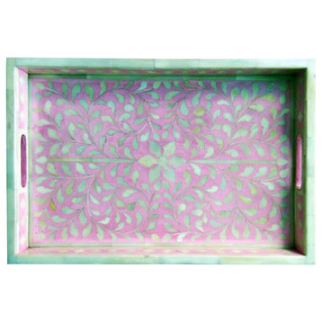 Floral  Bone Inlay Serving Tray in Pink