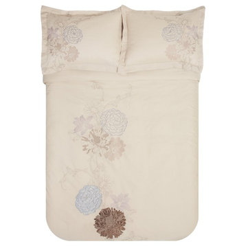 Fieldstone 100% Cotton Embroidered Floral Beige, 3-Piece Set, Full/Queen