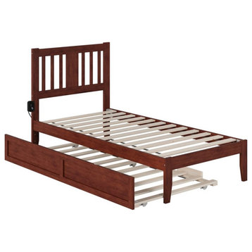Pemberly Row Twin Spindle Bed and Trundle with USB Charger in Walnut