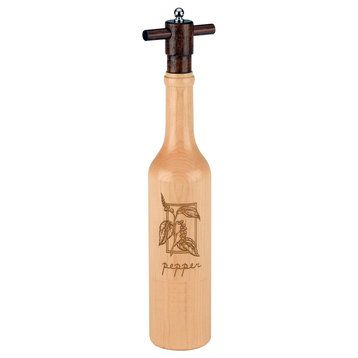 Engraved Wine Bottle Shaped Pepper Grinder, Maple Wood, Pepper Botanical