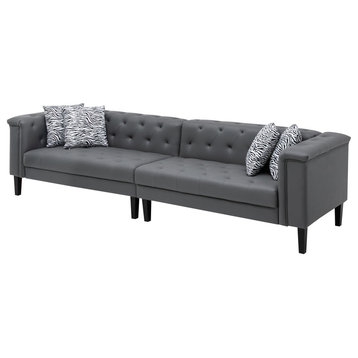 Sarah Vegan Leather Tufted Sofa With 4 Accent Pillows, Gray