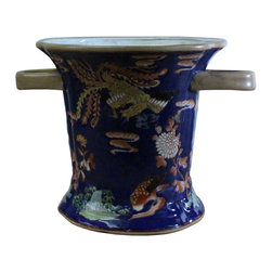 Chinese Oriental Vintage Oval Navy Blue Enamels Birds Graphic Vase cs5212 - Vases