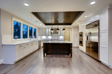 Large transitional u-shaped open concept kitchen photo in Baltimore with shaker cabinets, white cabinets, stainless steel appliances, an island, a single-bowl sink, marble countertops and white backsplash