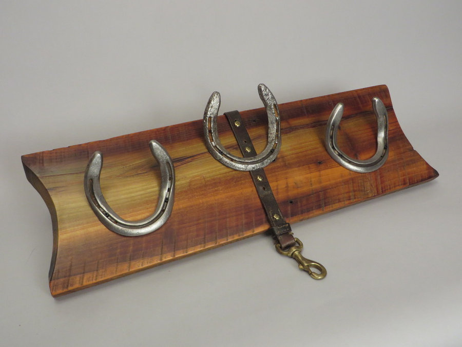 #R15074 Coat Rack Reclaimed Poplar Heartwood, horseshoes, leather.