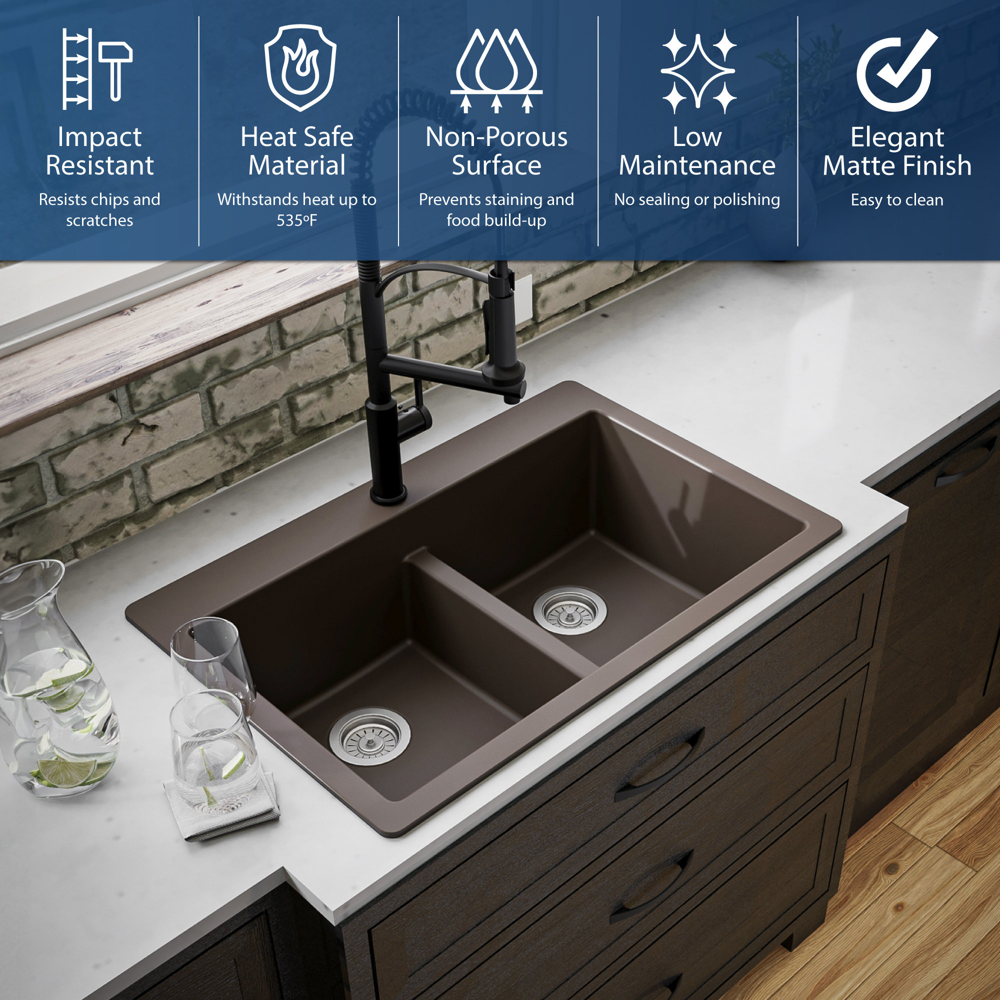 Karran 33" Top Mount Double Equal Bowl Quartz Kitchen Sink, Brown
