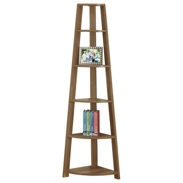 Corner Bookshelf/Etagere, 5 Tier, 72"H, Laminate, Walnut