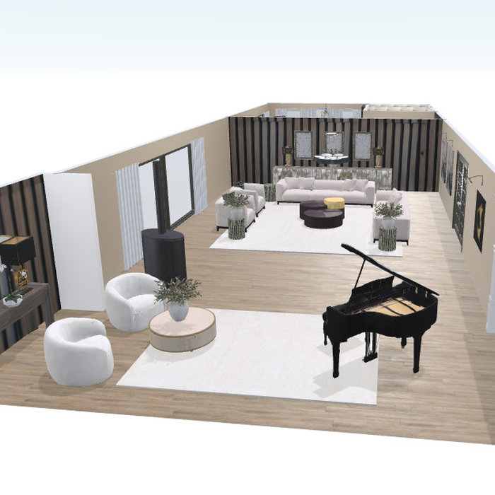 Luxury living room 3D design with contemporary fireplace, grand piano, feature wall panelling and elegant neutral furnishings by Lucia Victoria Interiors